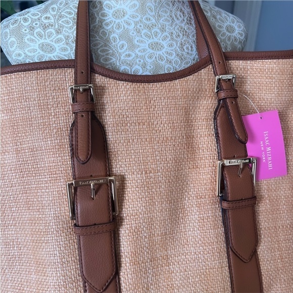 NWT ISAAC MIZRAHI “Lucille” Straw And Brown Leather Large Tote Bag - Picture 6 of 14